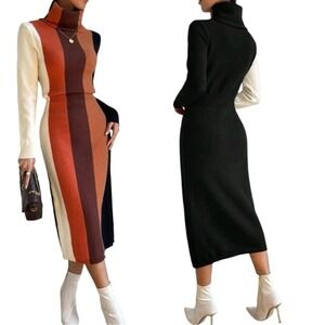 Striped Turtleneck Sweater Dress Colorblock Long‎ Sleeve Midi Size XL